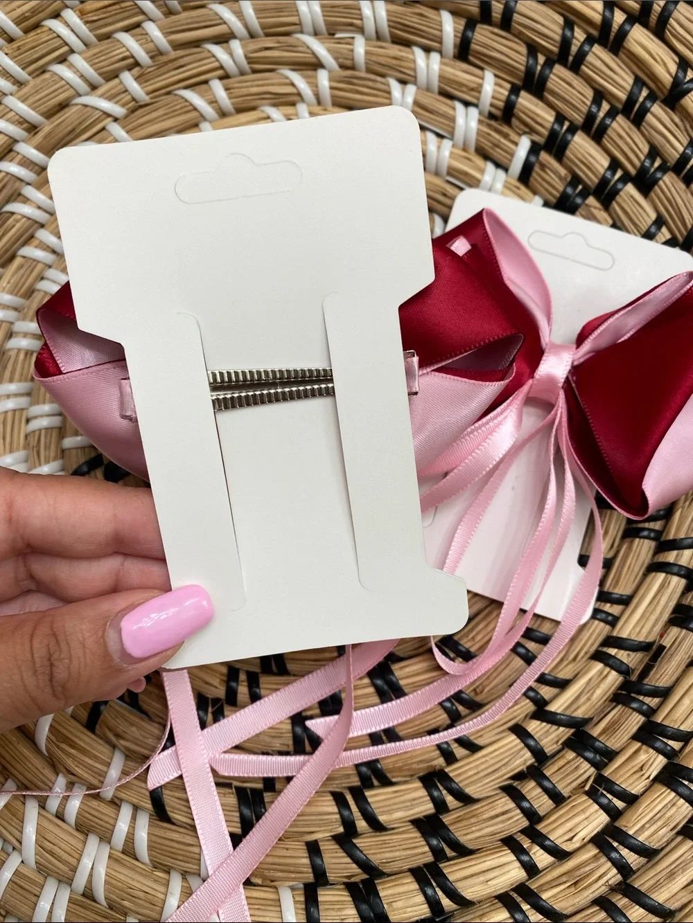 Pink and Burgundy Satin Ribbon Hair Bows with Streamers